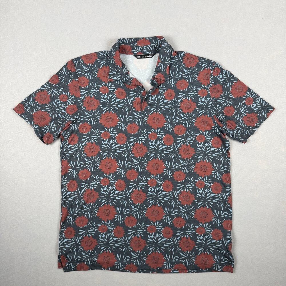 TravisMathew Scenic Pass Floral Golf Polo Total Eclipse Navy Rust Blue Men’s L